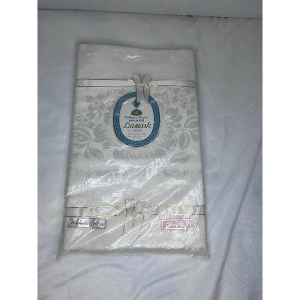 Vintage Damask Linen Tablecloth floral Cream cotton rayon Japan 50x66" Rectangle